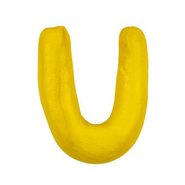 Plastik yazı tipi. U harfi beyaz arka plan izolasyonunda plastikinden yapılmıştır. Yaratıcılık için dekoratif yazı tipi.