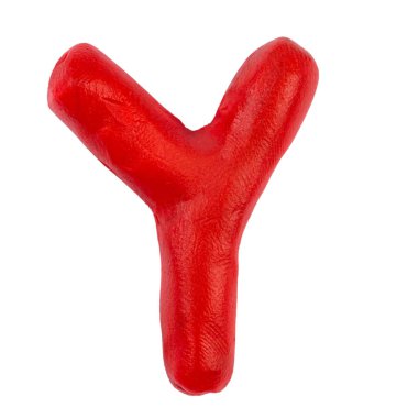 Plastik yazı tipi. Y harfi beyaz arka plan izolasyonunda plastikinden yapılmıştır. Yaratıcılık için dekoratif yazı tipi.