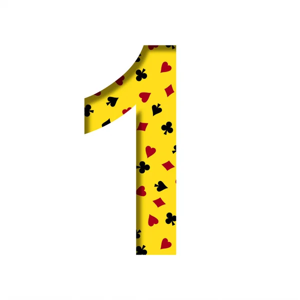 Casino font. Digit one, 1 cut out of paper on the yellow background of the pattern of card suits spades hearts diamonds and clubs. Casino card games and poker decorative font.