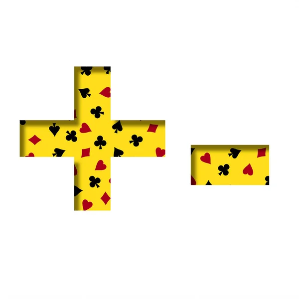 Casino font. Plus and minus signs cut out of paper on the yellow background of the pattern of card suits spades hearts diamonds and clubs. Casino card games and poker decorative font.