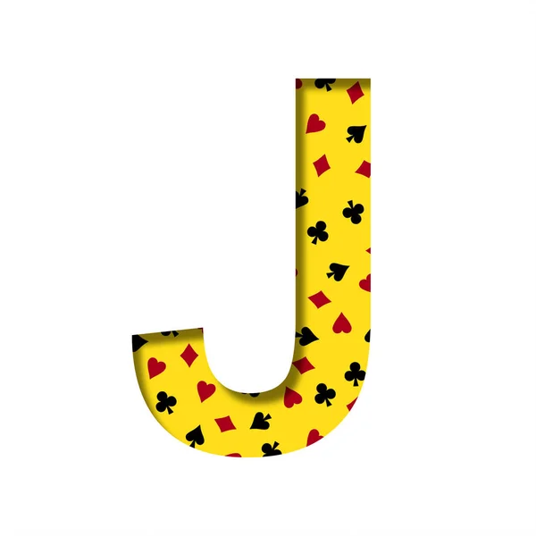 卡西诺字体字母J从纸上剪下来的黄色背景图案的卡片西装黑桃心钻石和棍棒 赌场纸牌游戏和扑克装饰字体 — 图库照片
