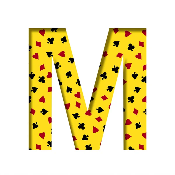 卡西诺字体字母M在卡片套装图案的黄色背景上刻了出来 涂满了红心钻石和球杆 赌场纸牌游戏和扑克装饰字体 — 图库照片