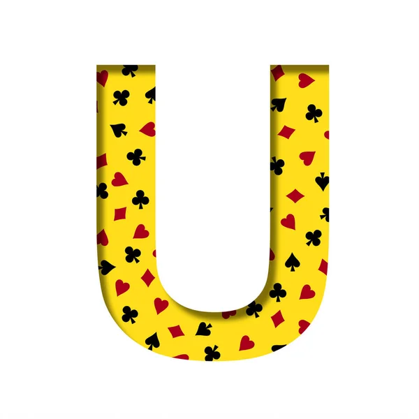 卡西诺字体在卡片套装图案的黄色背景上刻出的字母U刻在红心钻石和球杆上 赌场纸牌游戏和扑克装饰字体 — 图库照片