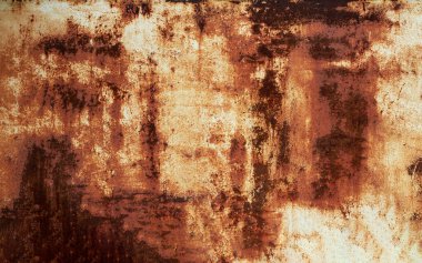 Paslı eski demir yüzey, paslı lekeler ve çatlaklar arka plan olarak yakın plan, boşluğu kopyala.