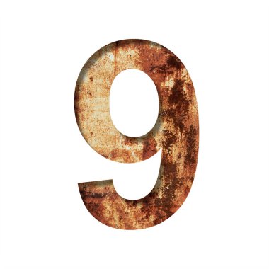 Paslı demir parmaklar. 9 numara, paslı ve çatlakları olan paslı demir bir çarşafın arka planında 9 numara kesilmiş. Dekoratif alfabe, yazı tipi koleksiyonu.