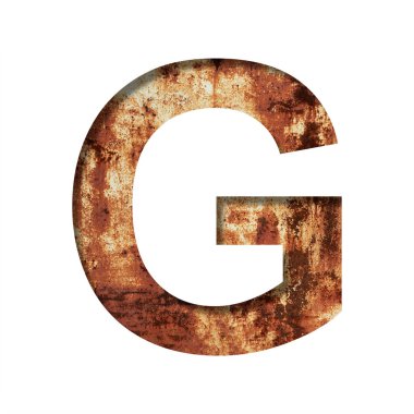 Paslı demir harfler. G harfi paslı ve çatlakları olan paslı demir bir çarşafın arka planında kağıttan kesilmiş. Dekoratif alfabe, yazı tipi koleksiyonu.