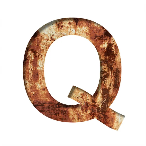 生锈的铁字字母Q在旧生锈铁片的背景上刻了出来 上面有铁锈斑斑和裂缝 装饰字母表 字体集合 — 图库照片