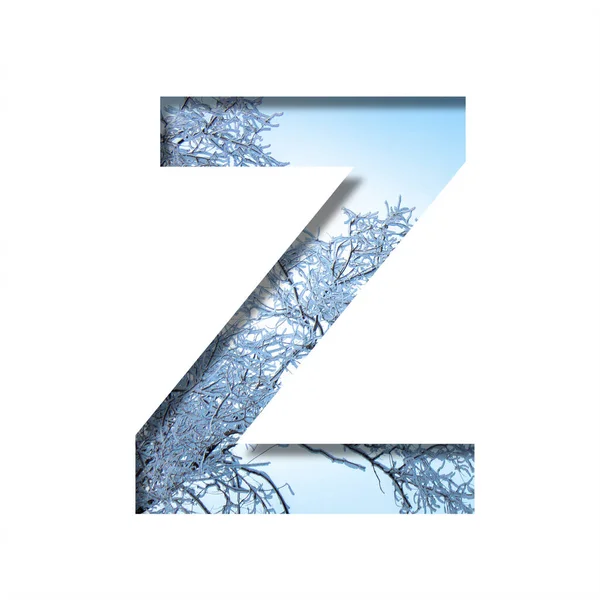 冬天的信在寒冷的冬日阳光明媚的日子里 字母Z在冬日的天空和白雪覆盖的树枝的背景下从纸上剪下来 装饰性质字母表 字体集合 — 图库照片