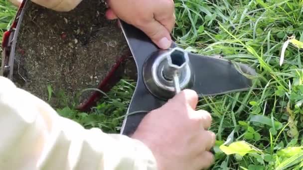 Muž Pracovním Oblečení Nebo Zemědělec Sundává Trávník Nůžky Nebo Zahradní — Stock video