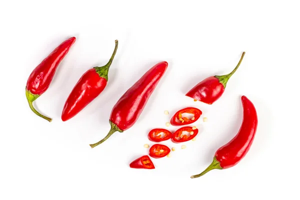 Hot Chili Paprika Witte Achtergrond Geïsoleerd Bovenaanzicht Plat Gelegd — Stockfoto