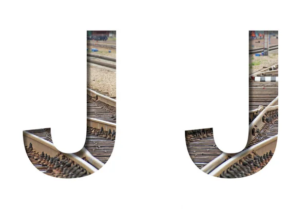 Demiryolu Yazı Tipi Harfi Demiryolu Raylarının Arka Planına Karşı Beyaz — Stok fotoğraf