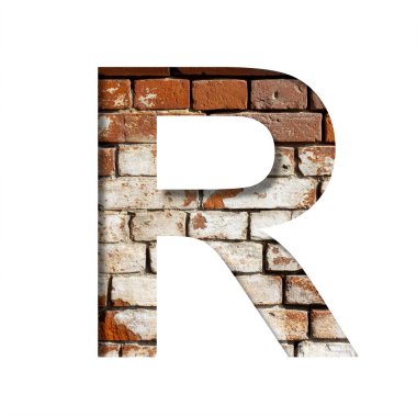 Tuğla yazı tipi. Arka plandaki R harfi eski tuğla duvarda soyulmuş boyayla. Eski tuğla işlerinden dekoratif alfabe.