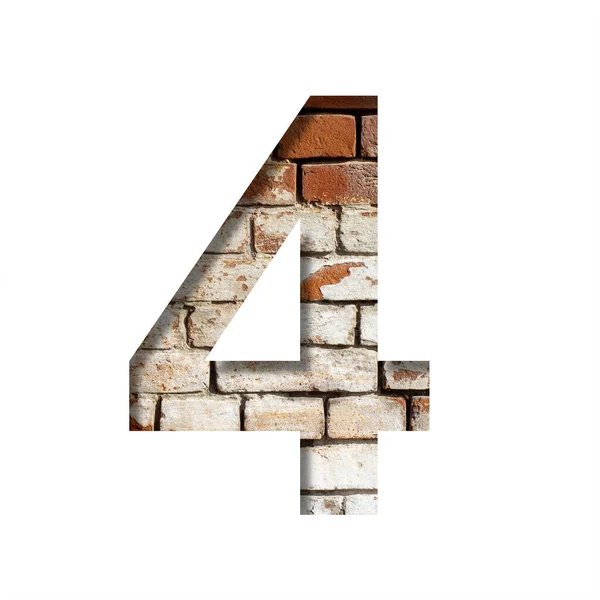 Tegelteckensnitt Nummer Fyra Fyra Bakgrunden Gammal Tegelvägg Med Skalad Färg — Stockfoto