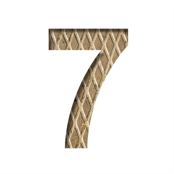 Lettertype Een Metalen Plaat Reliëf Nummer Zeven Gesneden Uit Wit — Stockfoto