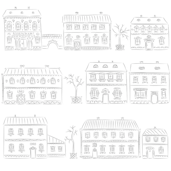 かわいいレトロな住宅の設定手描き — ストックベクタ