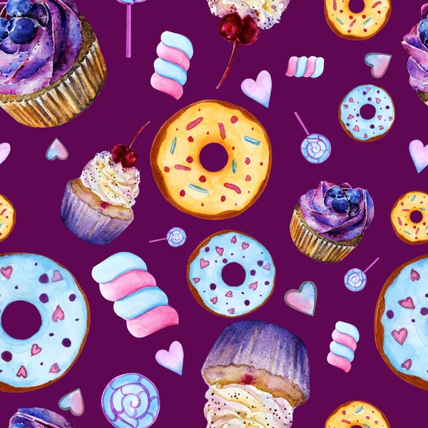 Seamless Pattern Watercolor Sweets Cupcake Muffins Marshmallows Lollipops Hearts Cream — Stock Photo, Image