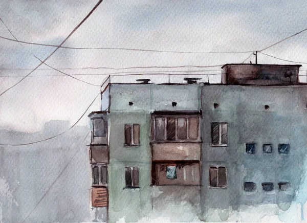Çok katlı bina, panel bina, balkonlar, ev pencereleri, kablolar, gri gökyüzü, yağmurlu hava, suluboya çizimleri, iplerde kuruyan elbiseler, gecekondular..
