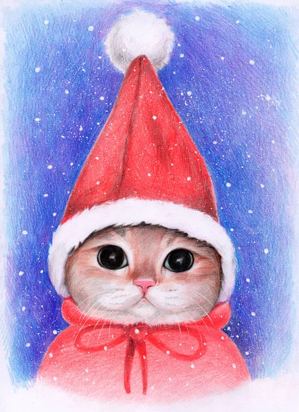 Gato Chapéu Pai Natal Natal Ano Novo Ilustração Com Lápis Imagens De Bancos De Imagens