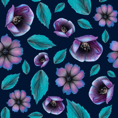 Kusursuz tasarım mor çiçekler, haşhaş, saplar, yapraklar, tomurcuk, papatya yaprağı, yapraklar, dal, botanik kompozisyon, çiçek dekoru, klipsli sanat suluboya