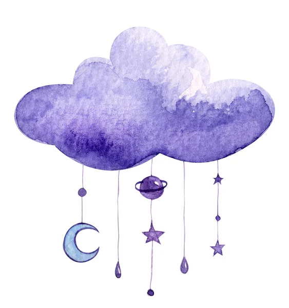 mobile crib cloud with moon and raindrops, stars watercolor illustration clip art, design, decor