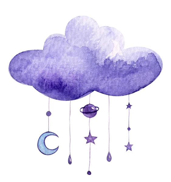Nuvem Berço Móvel Com Lua Gotas Chuva Estrelas Aquarela Ilustração Imagens De Bancos De Imagens