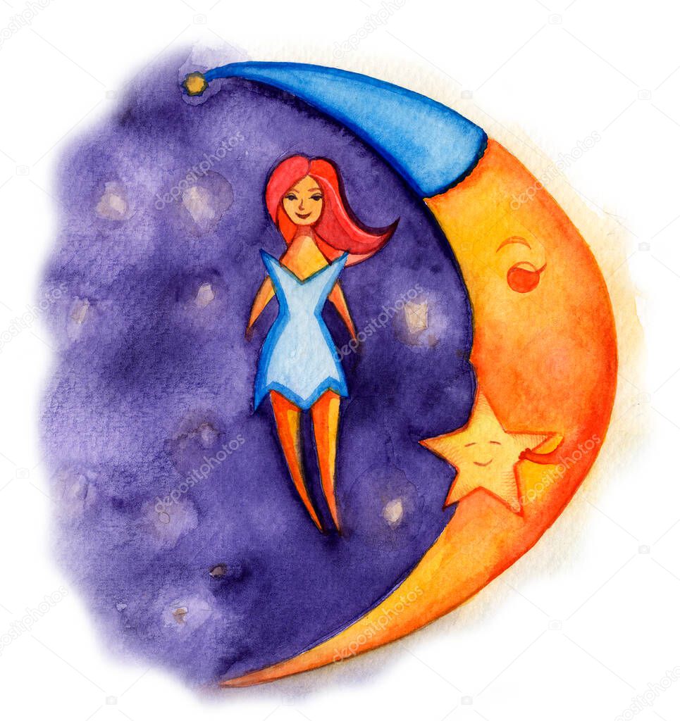 moon and star, cosmic fairy, starry sky, set for sleeping, watercolor illustration, for children, clipart, design, decor