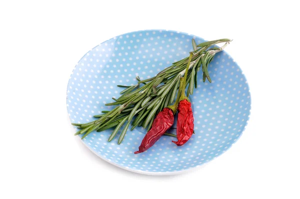 Ramos de alecrim e duas pimentas vermelhas na placa azul isoladas — Fotografia de Stock