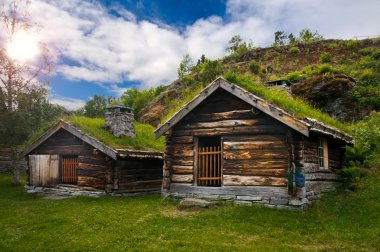 Beautiful view on ancient scandinavian village and countryside landscape clipart