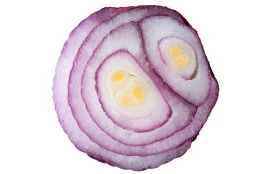 Beyaz arka plan üzerinde izole kesilmiş taze kırmızı soğan makro