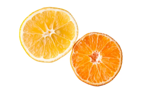 Orange tangerine and lemon fruit gears as half slice isolated on white background — Stock Photo, Image