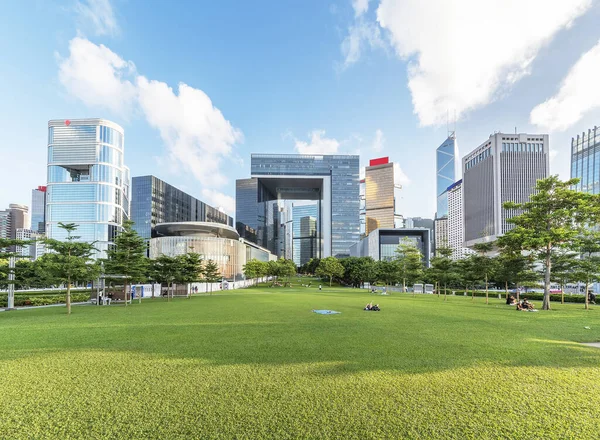 Public park and skyline in downtown district of Hong Kong city