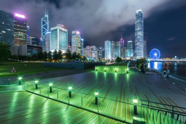 Gece vakti Hong Kong şehir merkezinin parkı ve ufuk çizgisi.
