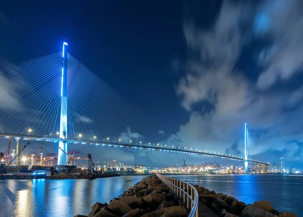 Most Wiszący Tama Porcie Hongkongu Nocy — Zdjęcie stockowe