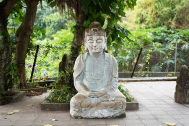 Büyük ağacın altındaki taş Buda heykeli.