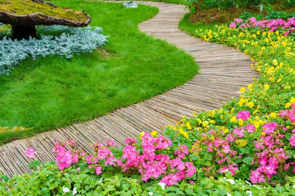 Chemin Vert Dans Cour Arrière Fleurie Jardin — Photo