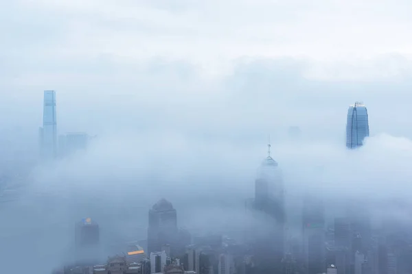 Downtown district of Hong Kong city in fog