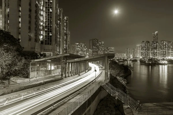 Skyline Autopista Ciudad Hong Kong Por Noche — Foto de Stock