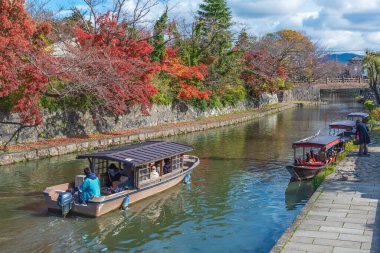 Japonya 'nın Omihachiman kentindeki Hachiman-Bori Kanalı' nın sonbahar mevsiminde Idyllic manzarası