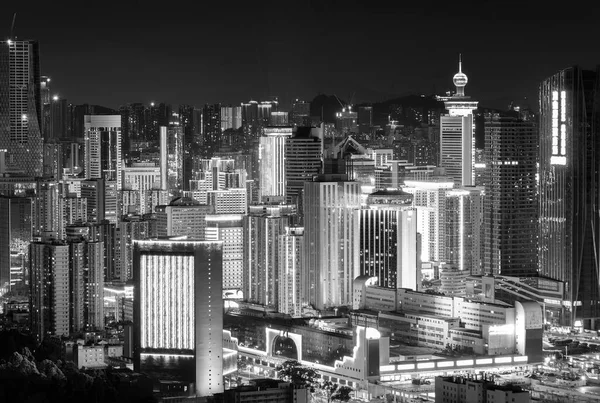 Paisagem Noturna Edifícios Arranha Céus Cidade Shenzhen Vista Fronteira Com — Fotografia de Stock