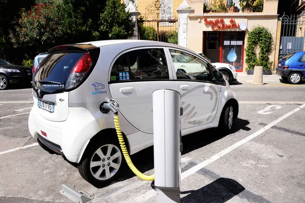 White Mini Electric Car Charged Street Charging — Photo