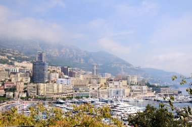 Monte Carlo Limanı, Monako. Herkül Limanı. Limanda yatlar. Hava manzarası, şehir manzarası.