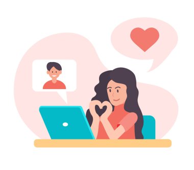 Sanal randevu video iletişimi. Kız erkek arkadaşını arar, el kol hareketleri kalp şeklini gösterir. Uzakta aşk ilişkileri. Dizüstü bilgisayardaki mesaj. Sevgililer Günü konsepti. Vektör düz çizim..