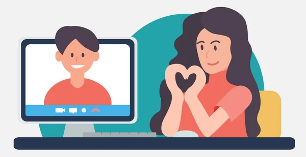 Concept of online dating. Girl and boy are chatting by videoconference at home. Heart sign with girl hands. Man at monitor screen. Virtual remote Valentines day. Vector flat illustration. Banner — Stock Vector