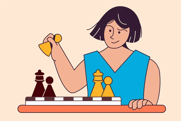 Chytrá žena šachista drží pěšce v ruce odhaluje královnu. Royal Gambit. Šachy u stolu. Vektorová plochá ilustrace. Banner, plakáty, web. Dívka přemítá o pohybu šachové podložky. — Stockový vektor