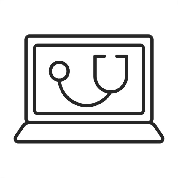 Icône de ligne de télémédecine. Moniteur d'ordinateur portable à illustration vectorielle avec symbole stéthoscope. Vidéo virtuelle de télésanté. Icône d'attaque modifiable de contour vectoriel pour UI, UX, conception Web, présentations, réseaux — Image vectorielle