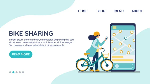 Μοιραζόμαστε ποδήλατα. Ενοικίαση ηλεκτρικού ποδηλάτου ιστοσελίδα προσγείωση σελίδα, πρότυπο έννοια. Ενοικίαση αστικών μεταφορών. Γυναίκα στο κράνος ξεκλειδώνει το ποδήλατο με την εφαρμογή. Smartphone με προσβάσιμο χάρτη μεταφοράς — Διανυσματικό Αρχείο