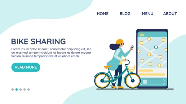 Partage de vélos. Page d'accueil du site de location de vélos électriques, concept de modèle. Location de transport urbain. Femme dans le casque déverrouille le vélo avec l'application. Smartphone avec carte de transport accessible — Image vectorielle