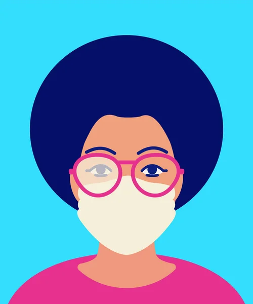 霧の眼鏡や保護顔のマスクでアフリカの女性 寒い時期にマスクを着用する際のガラス上の結露問題の概念 青い背景のベクトルフラットイラスト 防霧ソリューション — ストックベクタ