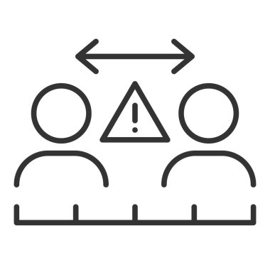 Mesafe uyarısı. Sosyal uzaklık simgesi. Coronovirüs salgını koruyucu. İki kişi ve metre. Vektör çizimi ince çizgi. Düzenlenebilir vuruş