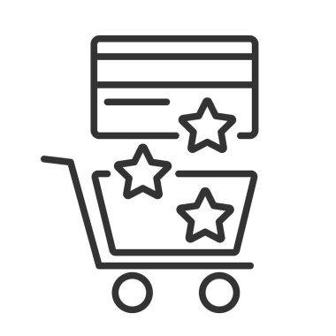 Mağazalardaki bir kredi kartından satın alınanların ödül ikonu. Yıldız bonusları banka kartından alışveriş arabasına dökülüyor. Vektör ince çizgi çizimi izole edildi. Düzenlenebilir vuruş